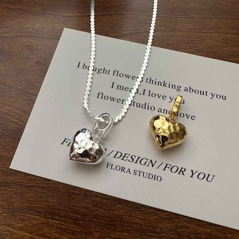 吊坠925银 S925纯银小众设计感锤纹爱心吊坠空心工艺时尚简约基础