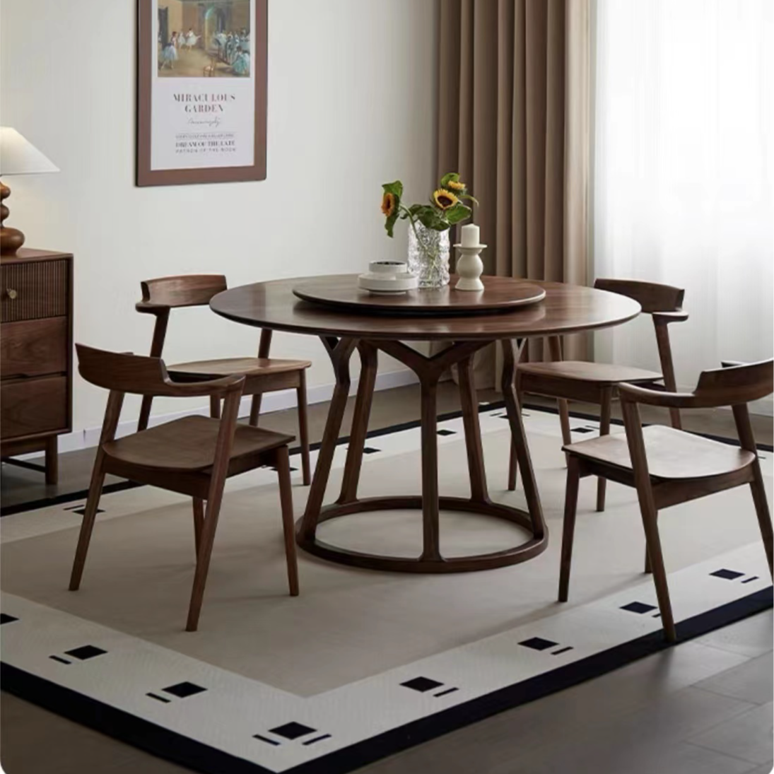 北美胡桃木现代极简圆餐桌家用酒店餐桌