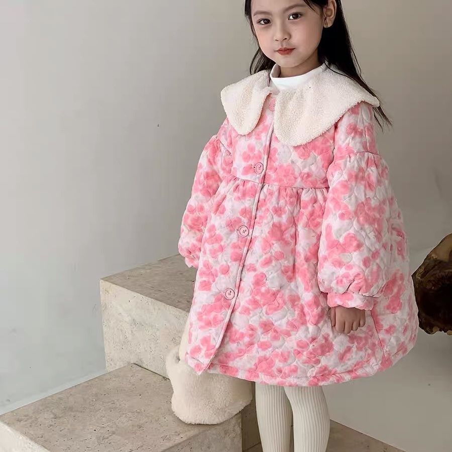 品牌断码2023女童连衣裙碎花女宝公主毛毛大翻领加厚裙子粉色儿童