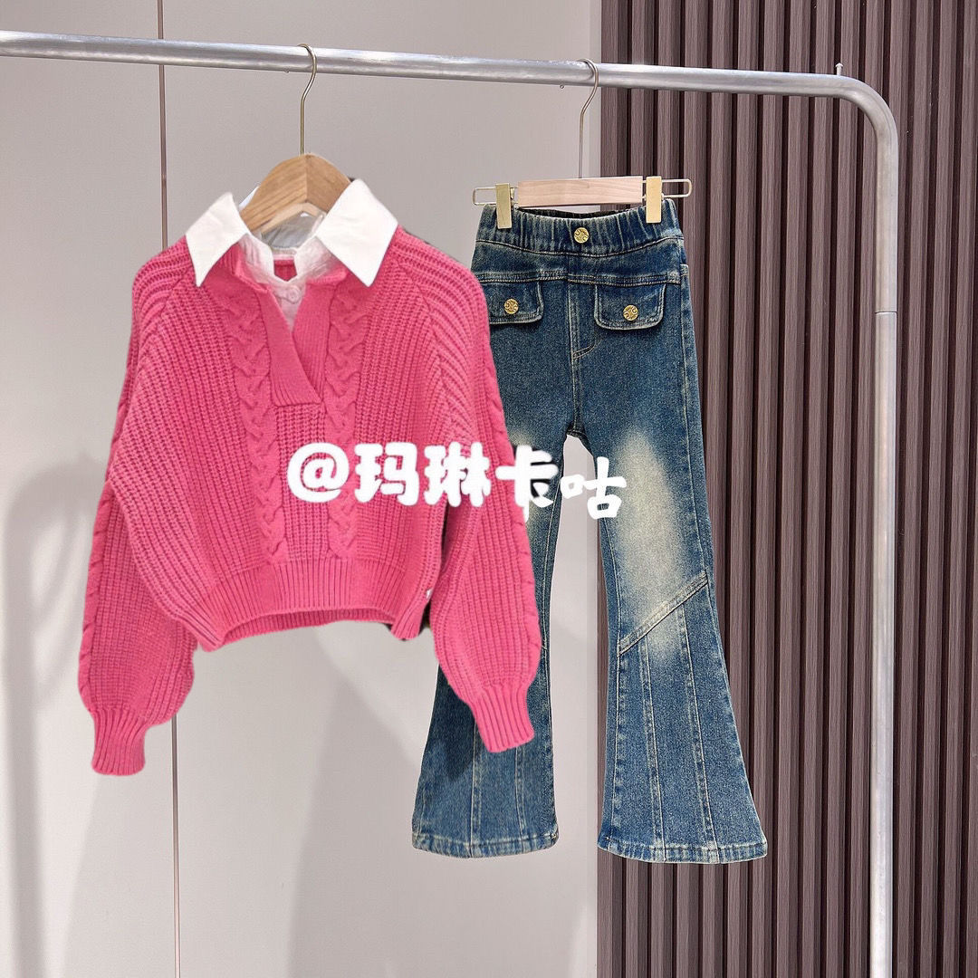 品牌断码女童套装秋装2023新款儿童针织毛衣假两件套女孩牛仔裤洋