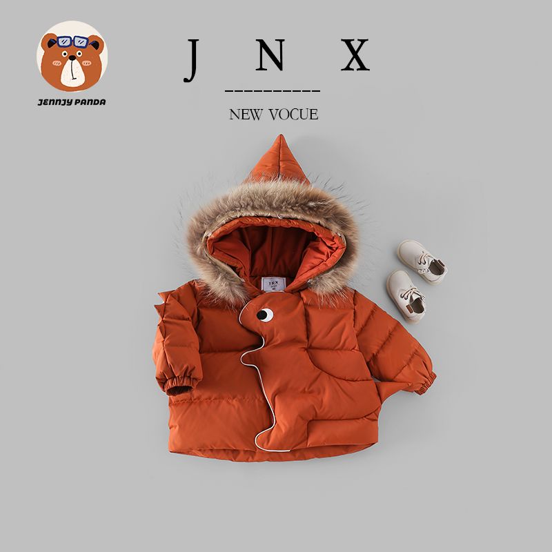 品牌断码2023 儿童橘色小恐龙连帽儿童棉服超萌加厚秋冬棉衣男童