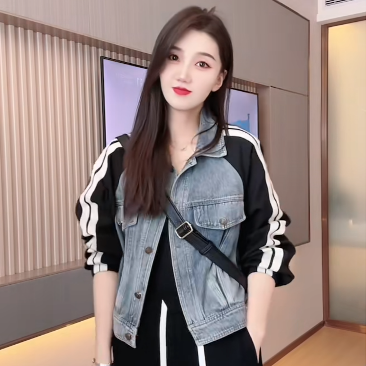 839—牛仔加绒加厚拼接外套撞色时尚百搭港风拼色上衣加绒牛仔外套