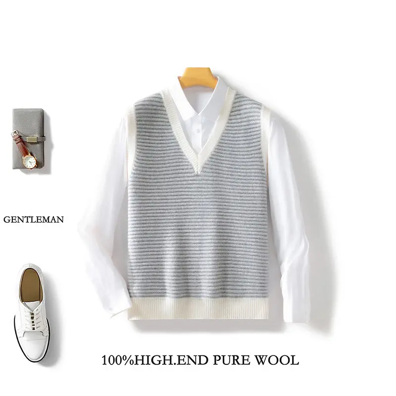 100%羊绒v领马甲男简约休闲背心内搭外穿宽松针织毛