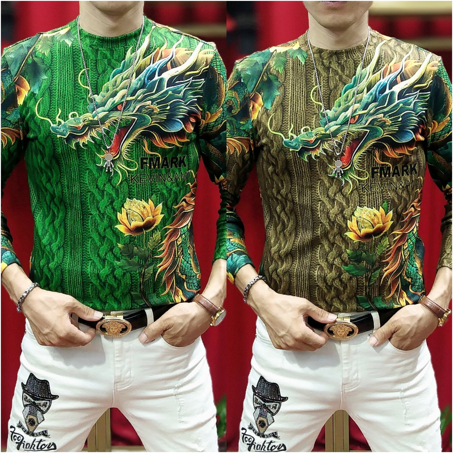 秋冬男士新款时尚潮流飞龙霸气百搭弹力修身圆领个性长袖T恤5625