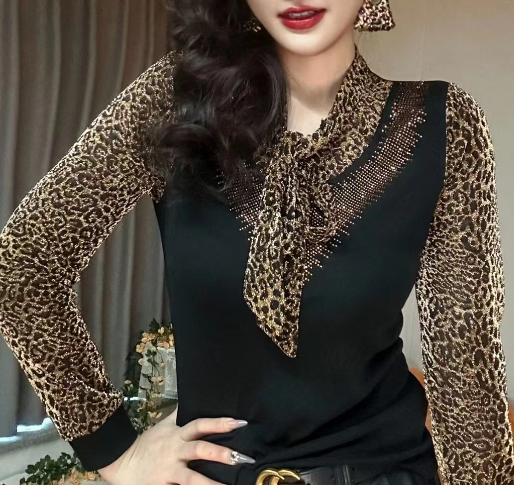 【网红爆款】豹纹加绒大码烫钻打底衫新款内搭时尚网红爆款女士小衫