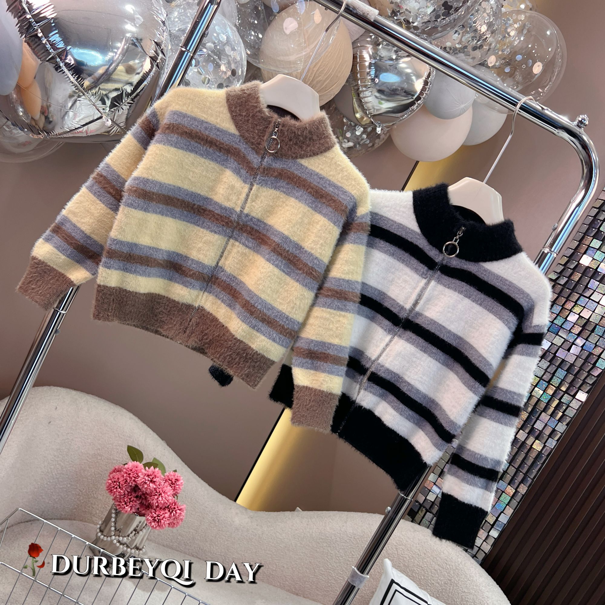 DURBEYQI/朵贝奇女童2025冬款条纹百搭圆领针织拉链开衫上衣4866