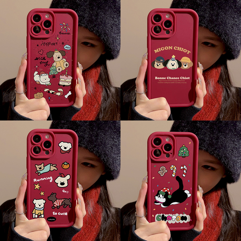 ins圣诞小狗苹果15手机壳卡通14promax全包iPhone13红色12/11华为