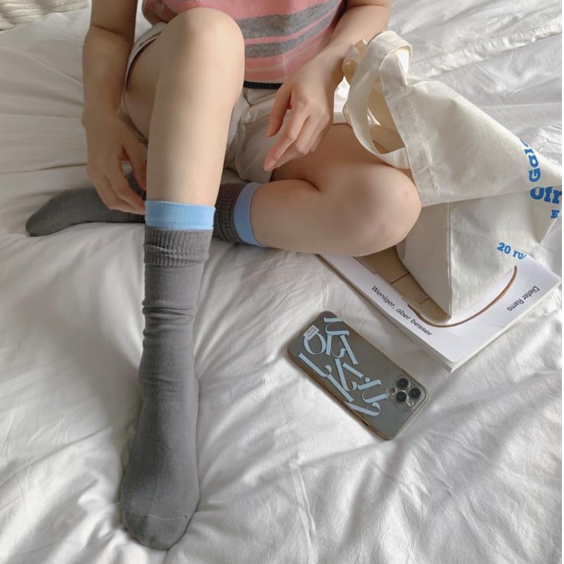 灰蓝拼色小腿袜子女学院风韩版简约ins时尚长筒网红潮个性堆堆袜