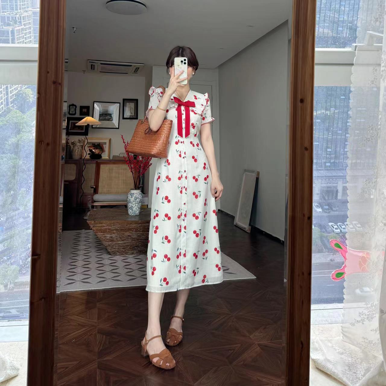 蕾英俊-樱桃青酒-夏季新款甜美娃娃领樱桃印花连衣裙-JF4831