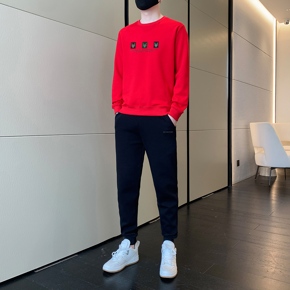 男士休闲运动加绒春秋季百搭圆领青年长袖新款宽松卫衣男装两件套