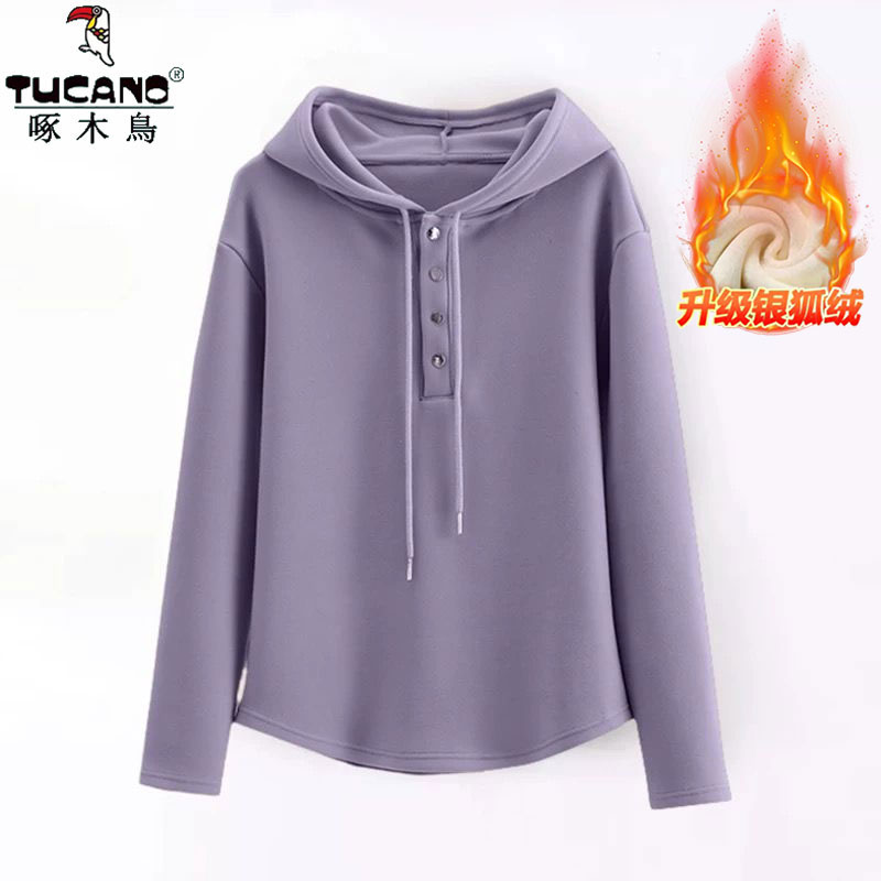 啄木鸟加绒加厚德绒秋冬新款卫衣女宽松短款连帽长袖纯色休闲上衣