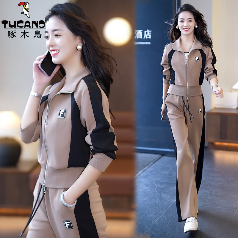 啄木鸟纯棉时尚运动服套装女秋冬新款洋气减龄卫衣开衫休闲两件套