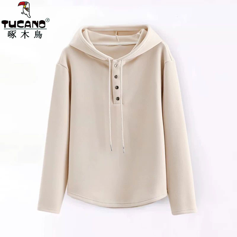 啄木鸟德绒秋冬新款卫衣女宽松短款连帽长袖洋气时尚纯色休闲上衣