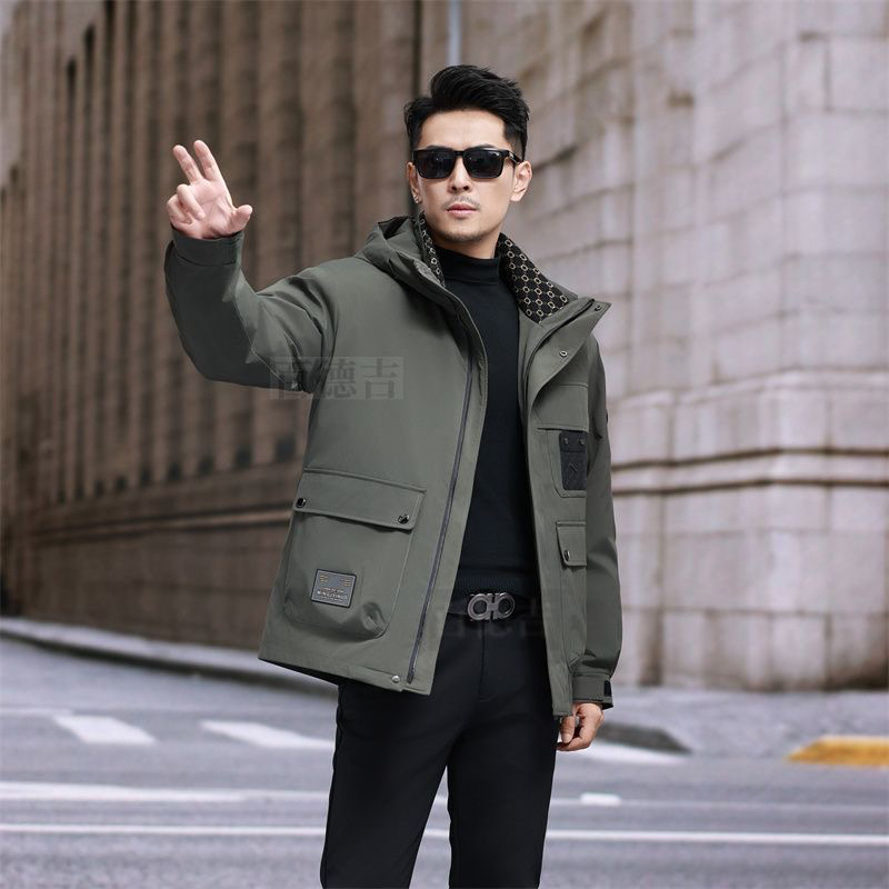 新款男士派克服连帽短款可脱卸羽绒兔毛内胆，皮草派克服外套