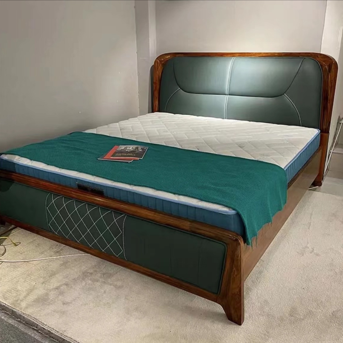 豪华大气品质奢华乌金木加厚头层牛皮主卧皮艺大床-230-191-120cm