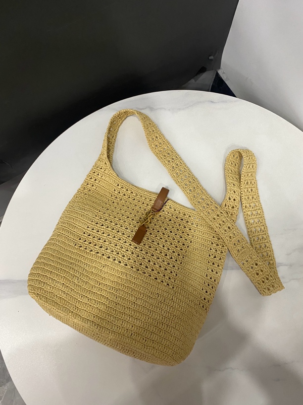 95新 YSL/圣罗兰 拉菲草编织Hobo包/27cm/JJ4082102