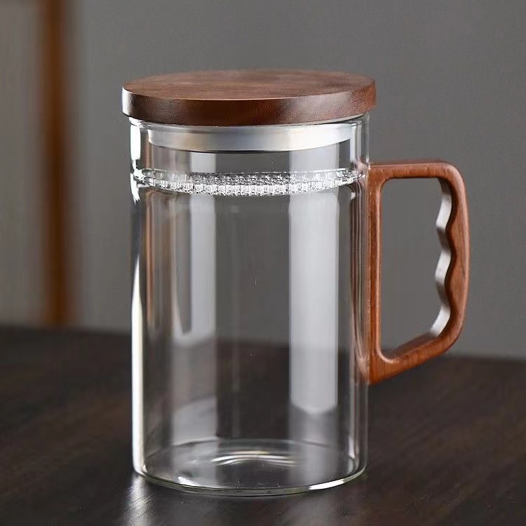 耐高温玻璃水杯加厚月牙过滤一体绿茶杯木把杯子大容量家用泡茶杯