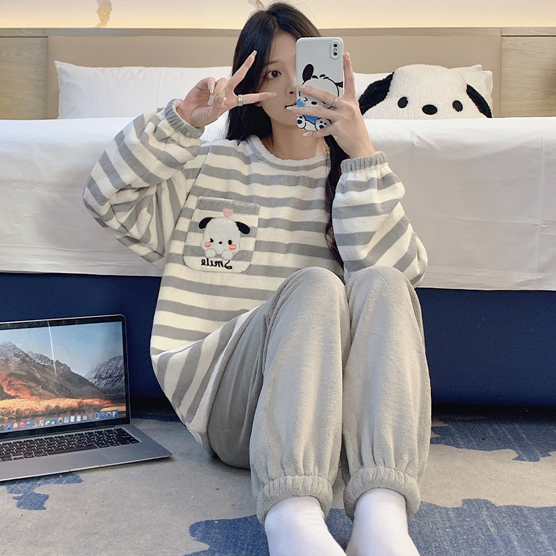 睡衣女款春秋季2023新款长袖珊瑚绒加绒加厚套装冬天家居服可外穿