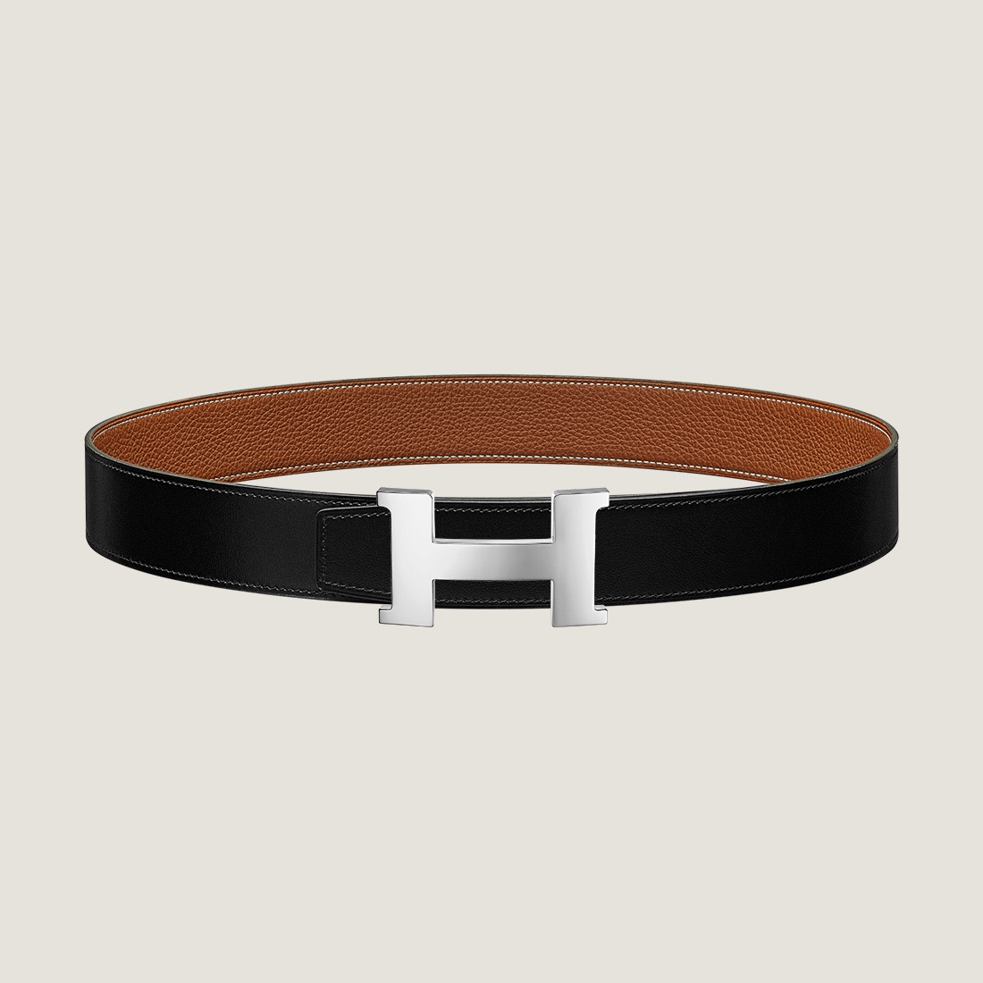 全新未使用 Hermes/爱马仕 黑棕双面男士腰带 3.8cm 银扣全套礼盒