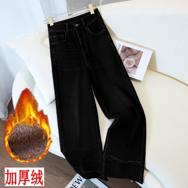 加绒加厚冬季高腰牛仔九分直筒裤显瘦宽松烟管裤子女奶奶裤女2278