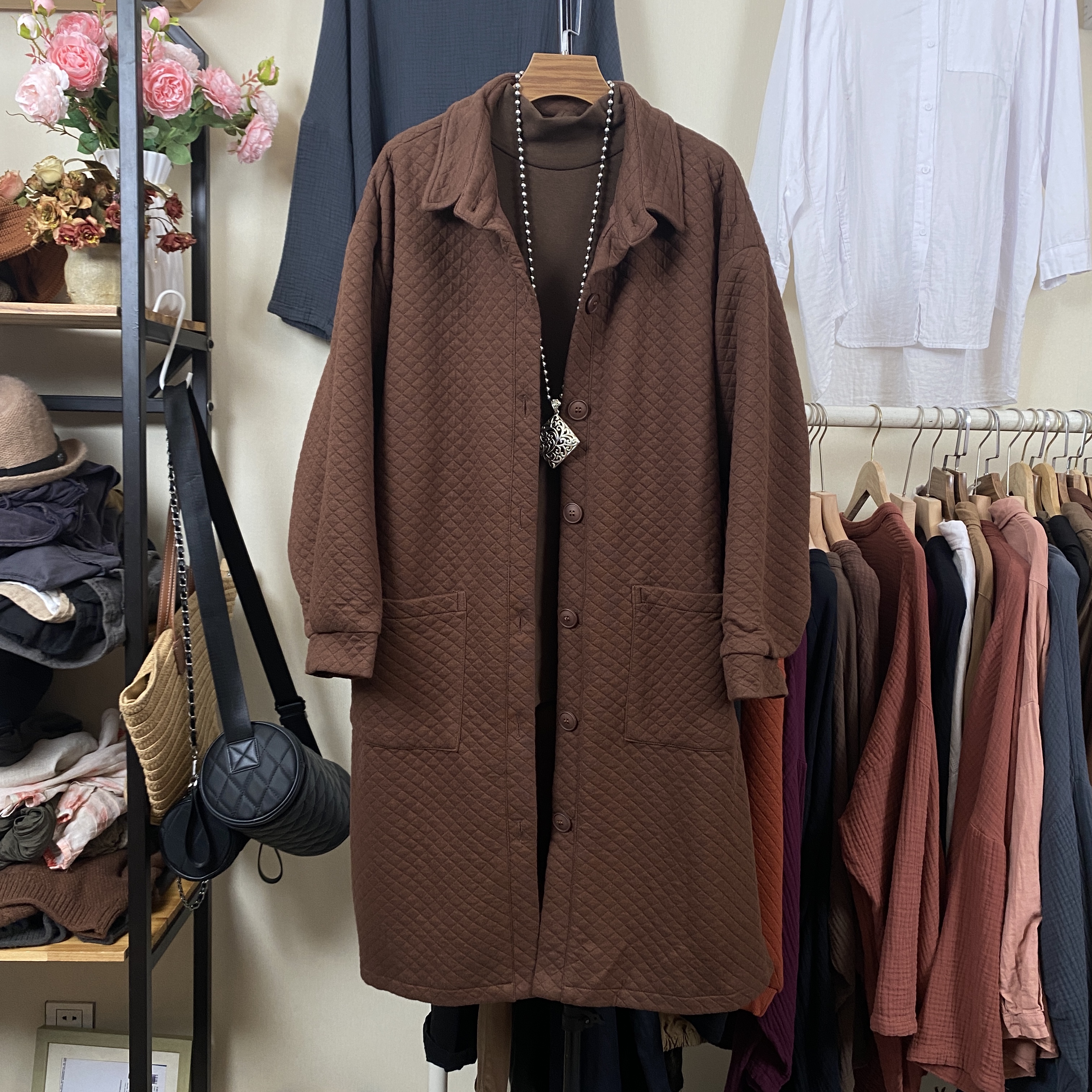 新款秋季女格纹翻领大衣外套休闲时尚百搭显瘦高级感风衣2255