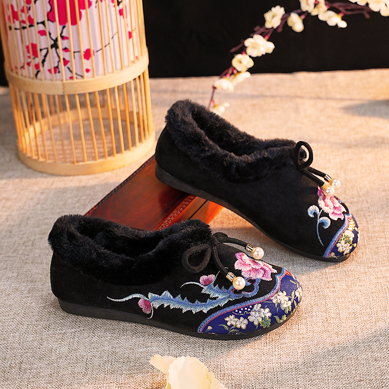 秋冬款百搭国风国潮软底平跟圆头绣花妈妈鞋棉鞋2022-141