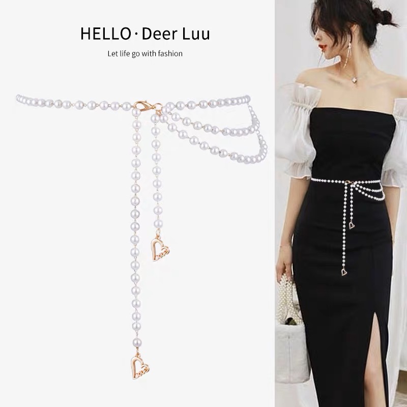 珍珠链条细腰带女士装饰毛衣腰链配连衣裙子西装百搭收腰白色皮带