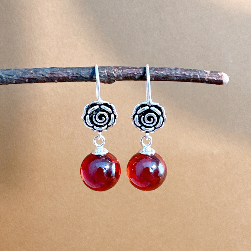 925银耳饰 红玫瑰花耳环复古国风红色简约民族风女款耳饰品