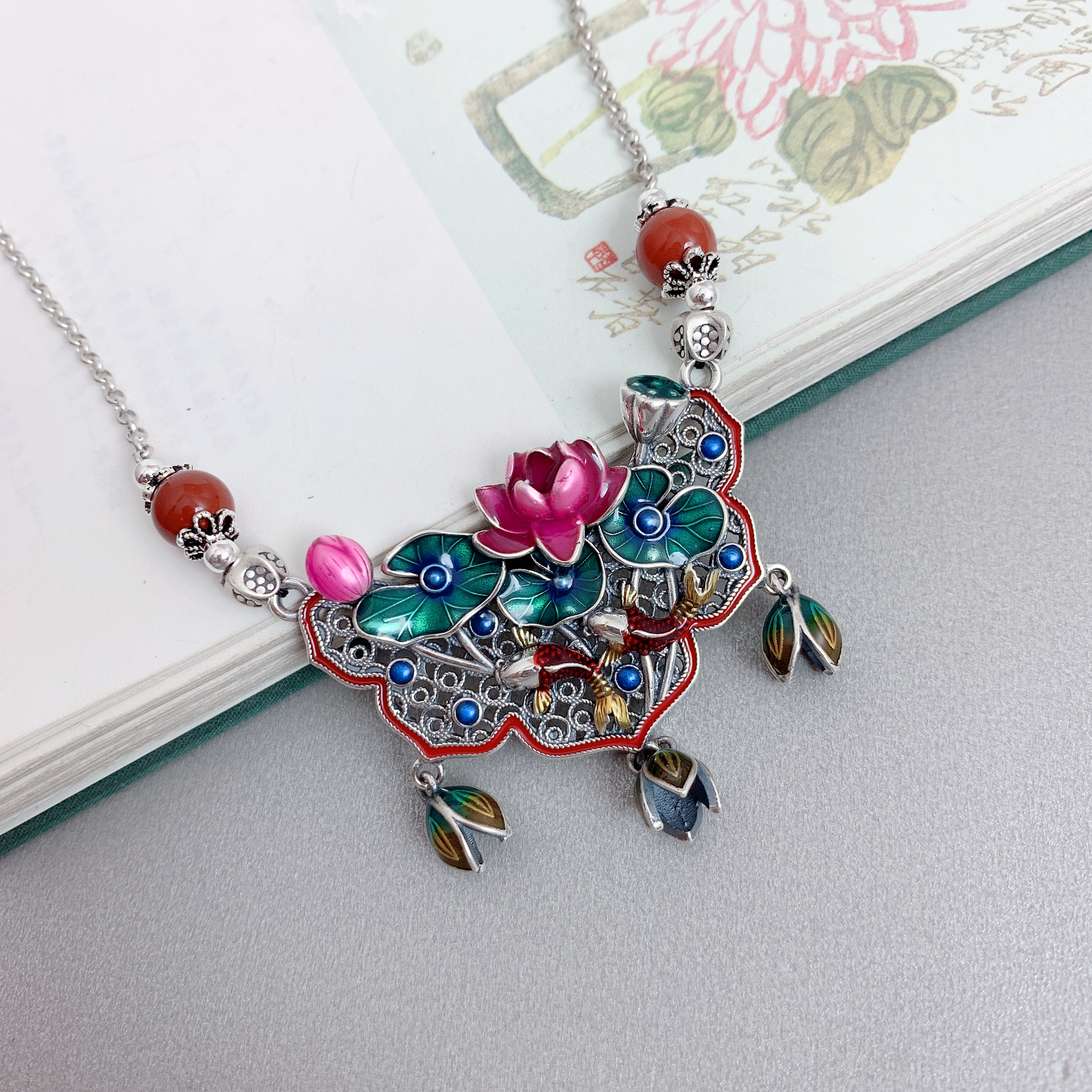 坠链均925银珐琅 荷塘月色莲花流苏项链女复古风百搭气质礼物饰品