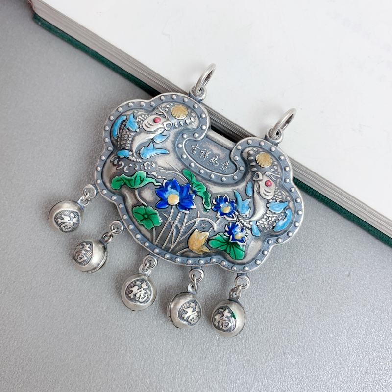 吊坠足银珐琅 足银鱼莲戏水流苏大锁包吊坠民族风烧蓝如意复古