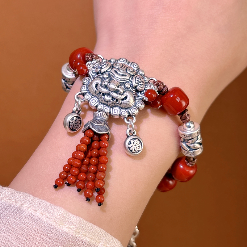 足银手链 999银  醒狮手链流苏复古国风时尚个性银饰品