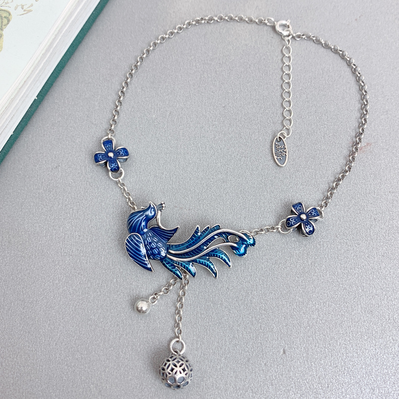 足银珐琅脚链 925纯银蓝凤凰脚链复古古风纯手工孔雀时尚蓝色烧蓝