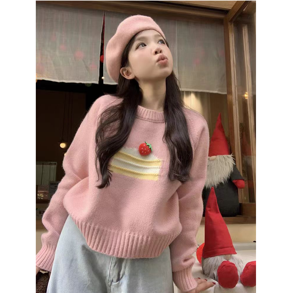 女童秋冬毛衣奶系穿搭粉色草莓蛋糕针织衫2024新款女童温柔毛衣