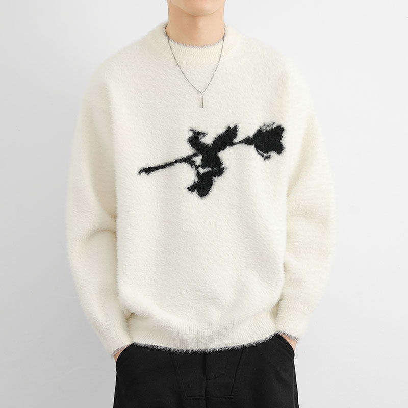 2024秋冬季男士时尚印花毛衣休闲宽松圆领保暖针织衫情侣FZ24905