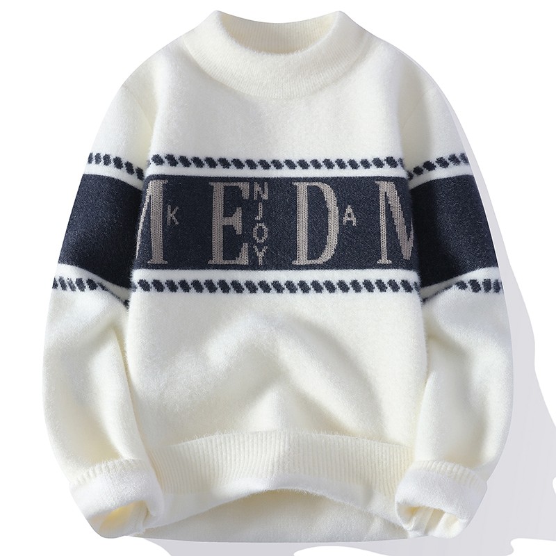 【新品】男士秋冬季保暖青少年针织衫潮男字母提花加绒学生毛衣9003