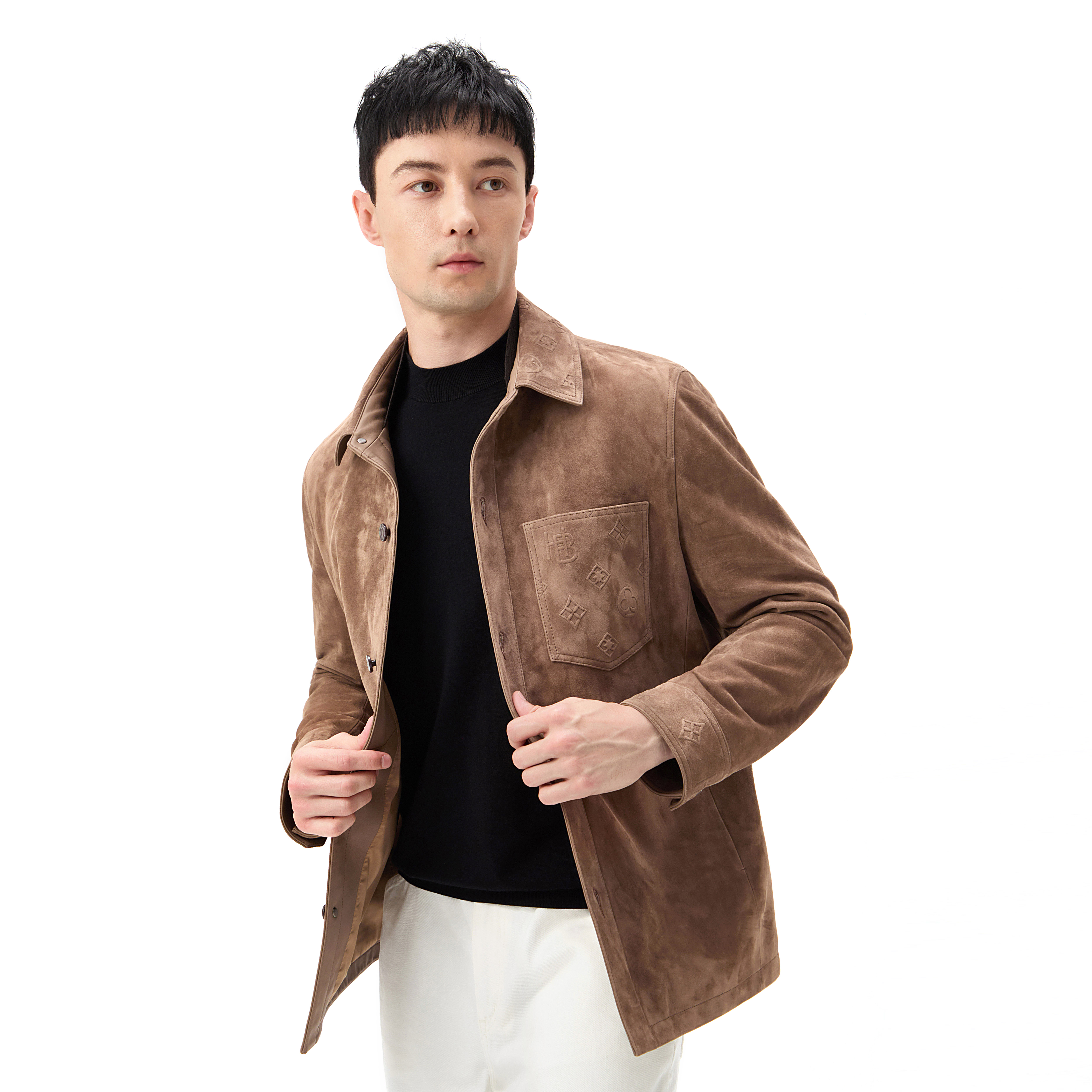 [玛龙宝]复古山羊反绒皮时尚外套早秋真皮皮夹克衬衫简约男士皮衣