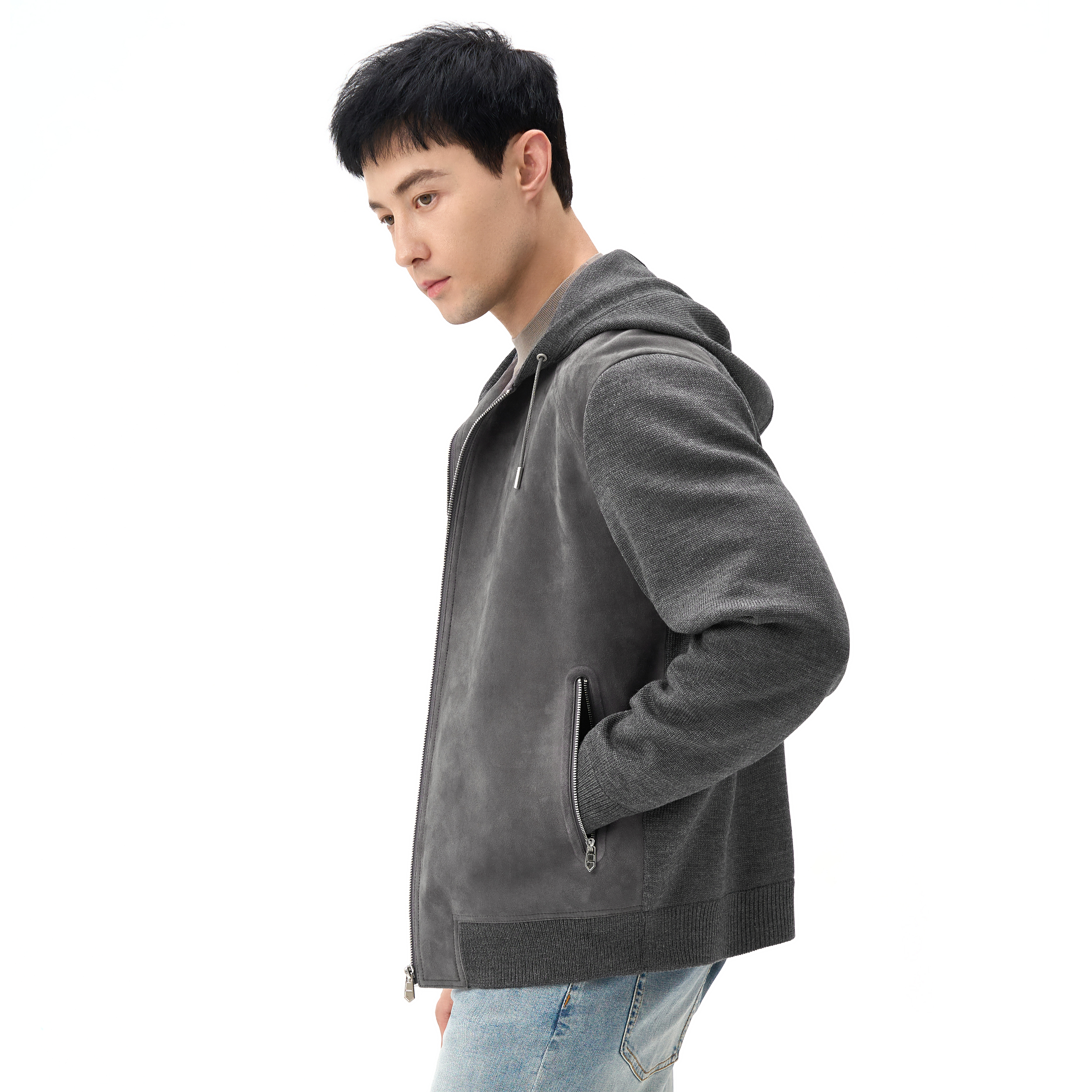 [玛龙宝]拼接款羊毛针织连帽山羊反绒皮休闲运动外套休闲男士皮衣