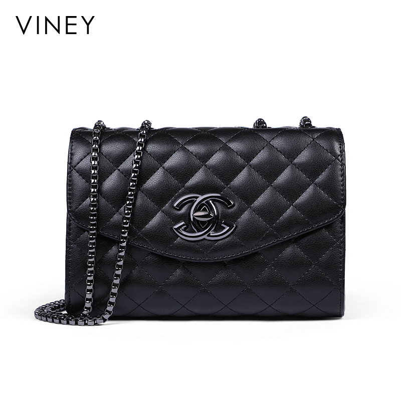 Viney真皮女包包小香风黑金链条牛皮斜跨包单肩包7467