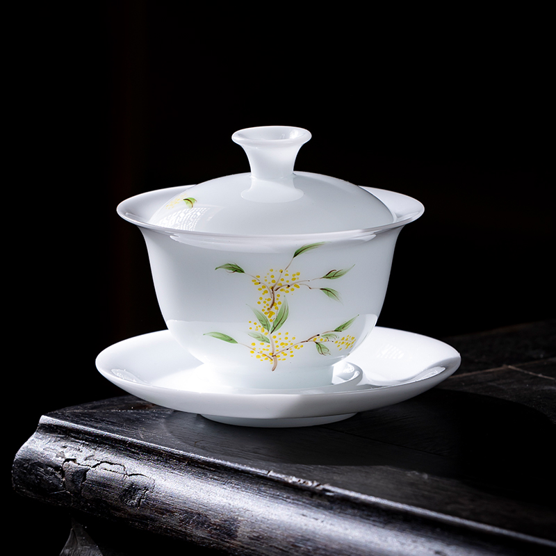 高档手绘粉彩三才盖碗单个不烫手德化冰种玉瓷泡茶碗陶瓷白瓷茶杯