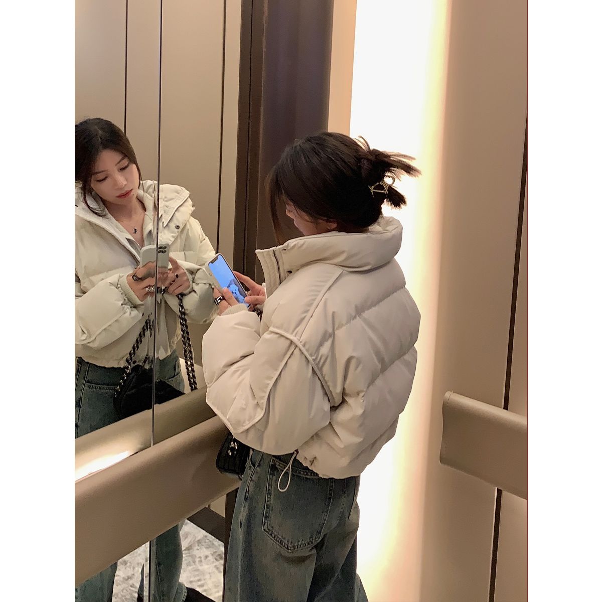 江红2023年时尚短款炸街高腰加厚立领下摆抽绳羽绒服女款冬季潮