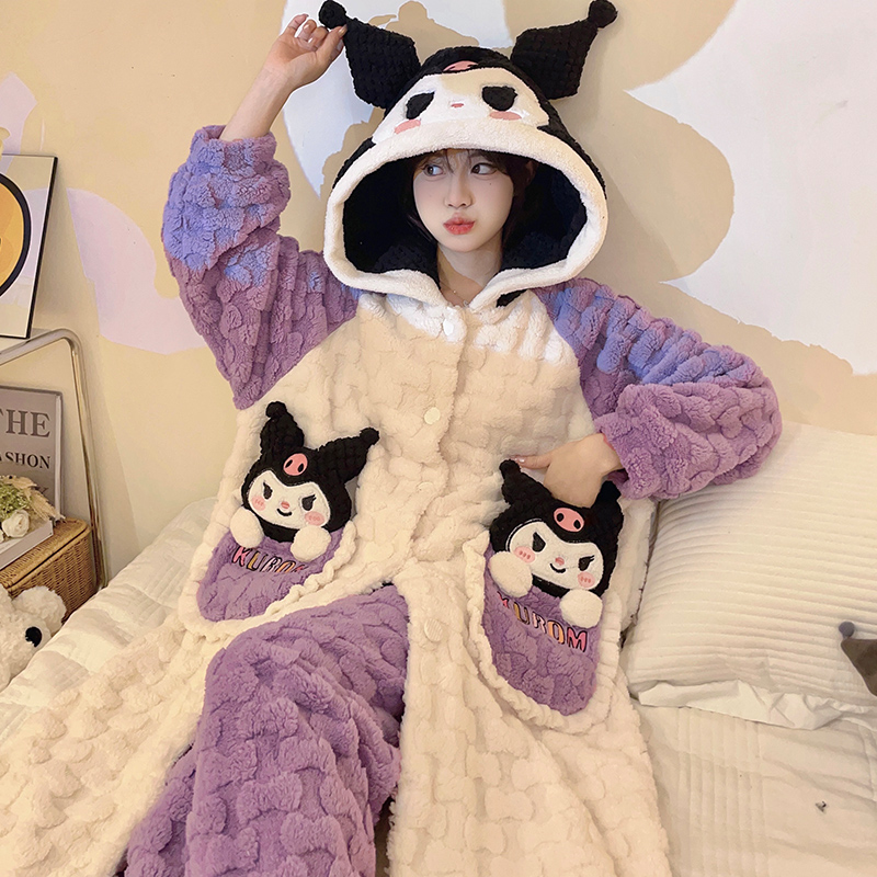女童睡袍秋冬款珊瑚绒2023新款儿童冬季库洛米睡衣女孩法兰绒浴袍