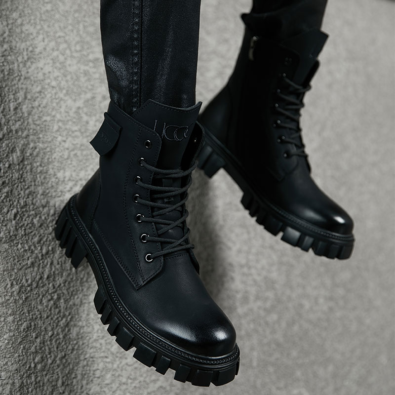新款英伦风复古轻奢马丁靴男黑色潮流厚底高帮机车休闲工装靴皮鞋