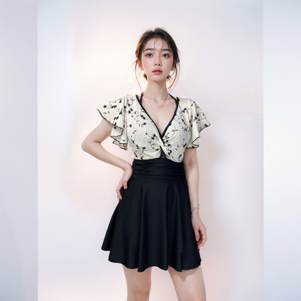 2025新款遮肚显瘦大码时尚刺绣泡温泉保守连体裙式女士遮肉泳衣