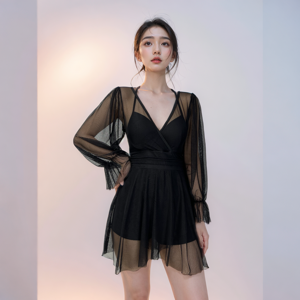 [小雪泳衣]长袖大码泳衣遮肉女士显瘦性感亲肤温泉泡澡泳衣黑色