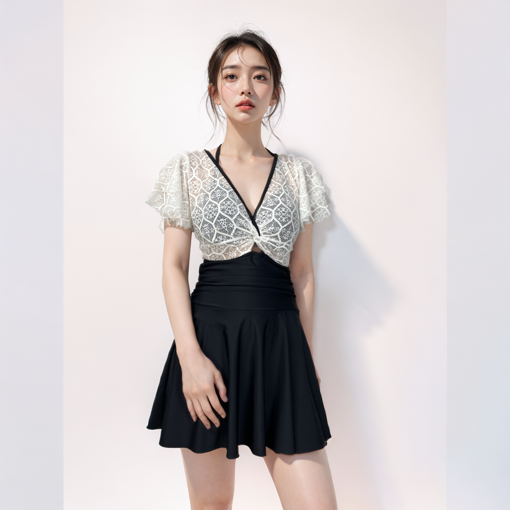 【小雪泳衣】2025女款泡温泉蕾丝时尚性感遮肚显瘦保守裙式聚拢显瘦