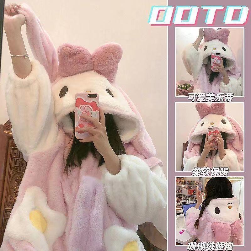 少女兔子连帽加厚珊瑚绒睡衣女冬季2025年新款美乐蒂睡袍加绒睡裙