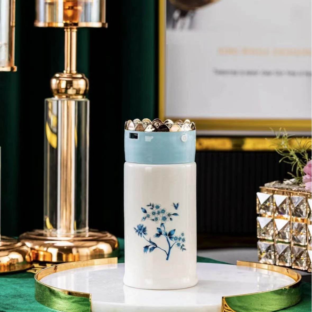 【青花】青花情侣双层家用陶瓷水杯杯子460ML加湿器陶瓷杯水杯高档