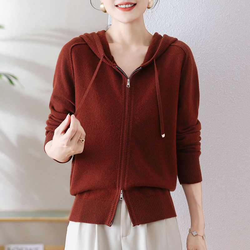 清仓福利 纯色连帽羊毛衫女100%羊毛双拉链开衫卫衣女士针织衫