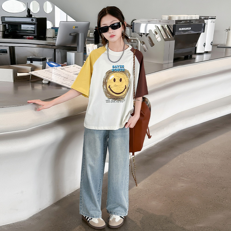 女童夏季洋气短袖t恤2024新款爆款中大童休闲时髦儿童宽松上衣潮T