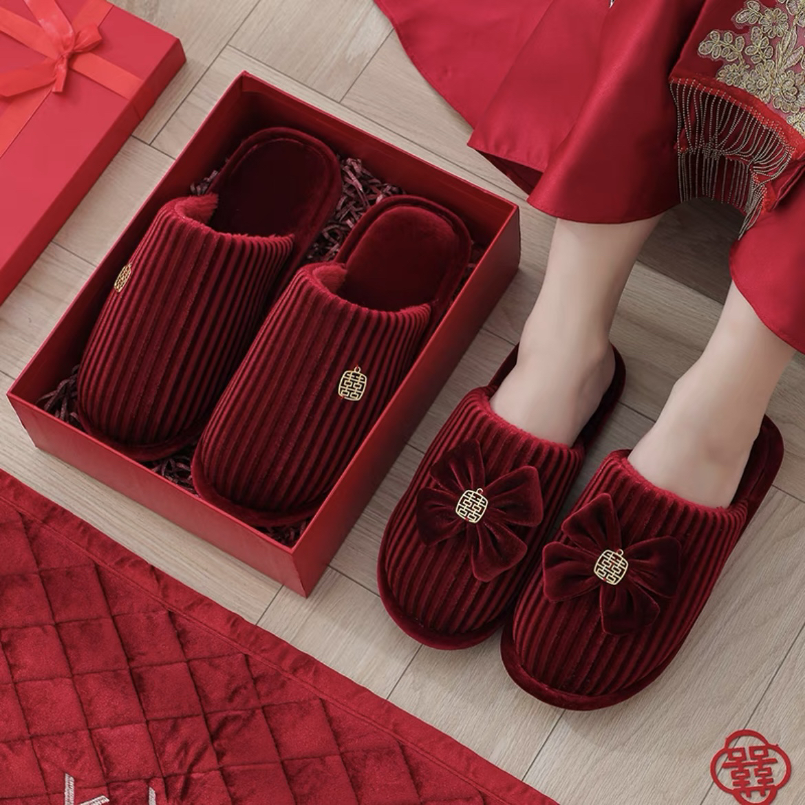 秋冬结婚婚庆棉拖鞋新婚情侣喜庆大红色一对新郎新娘结婚用品